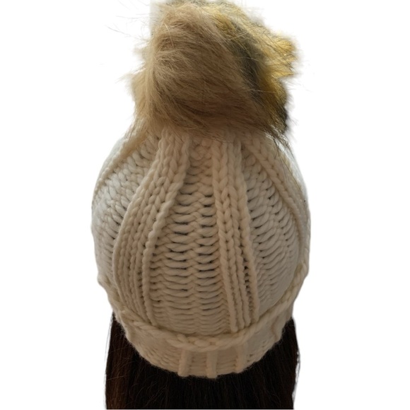 New! Cream color knit hat made with alpaca yarn, featuring a tan pom-pom. OS - Picture 3 of 4